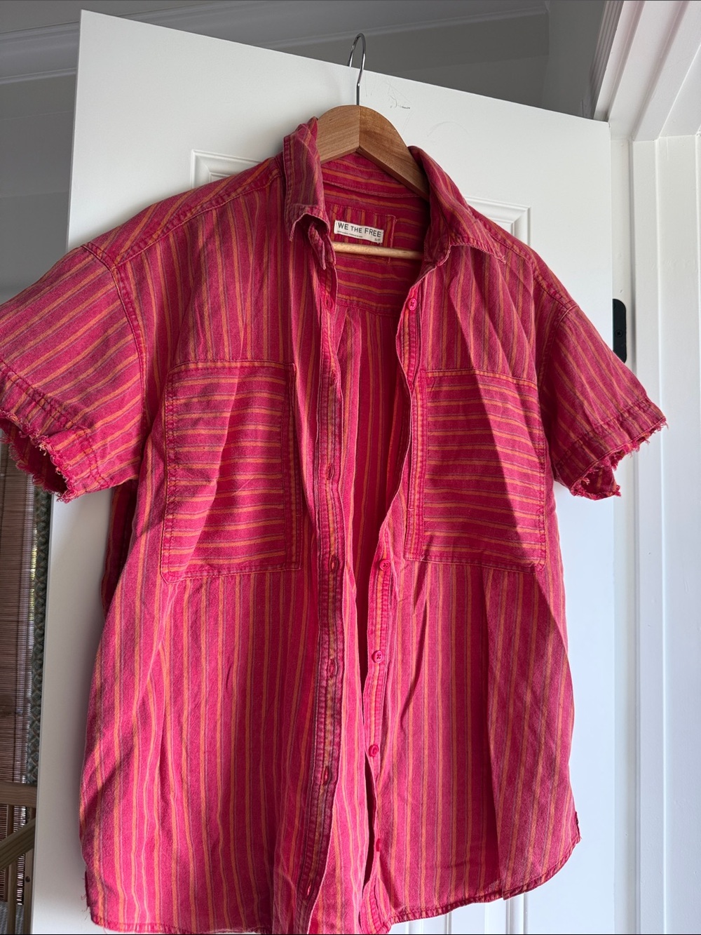 We The Free Pink and Orange Striped Short-Sleeve Button-Down Shirt